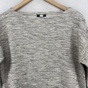 EILEEN FISHER Top S Wool Blend Tweed Boxy Boat Neck 3/4 Sleeve Gray